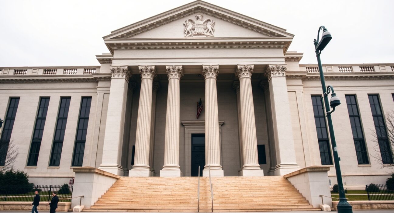 Exterior of the Federal Reserve Building in Washington D.C. under overcast sky.