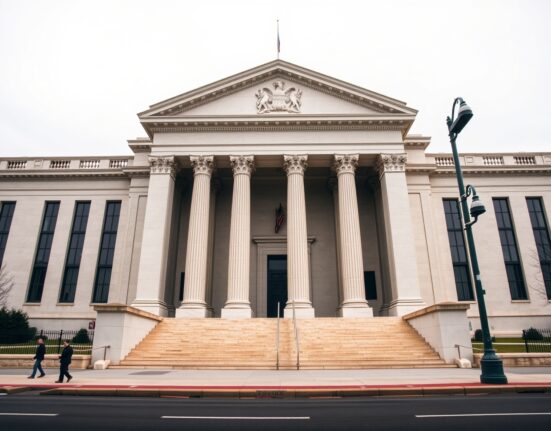 Exterior of the Federal Reserve Building in Washington D.C. under overcast sky.