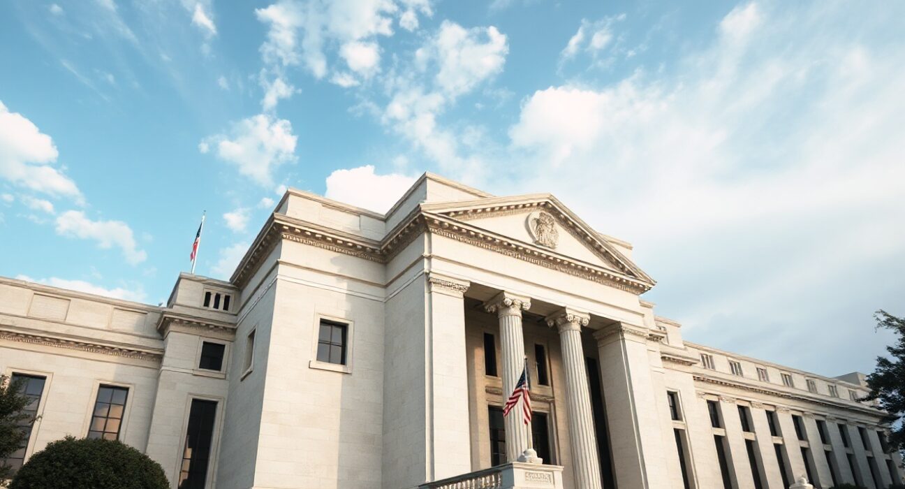 Federal Reserve building in Washington, D.C., under a partly cloudy sky.