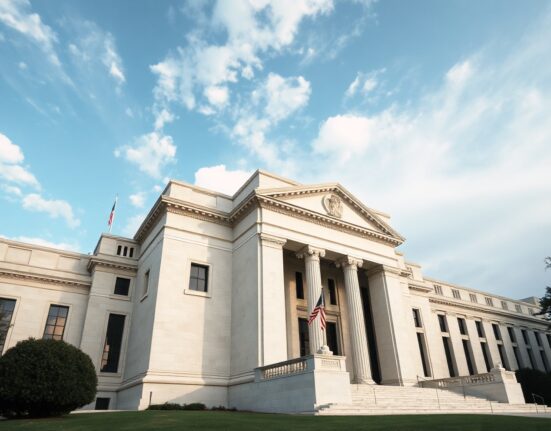 Federal Reserve building in Washington, D.C., under a partly cloudy sky.
