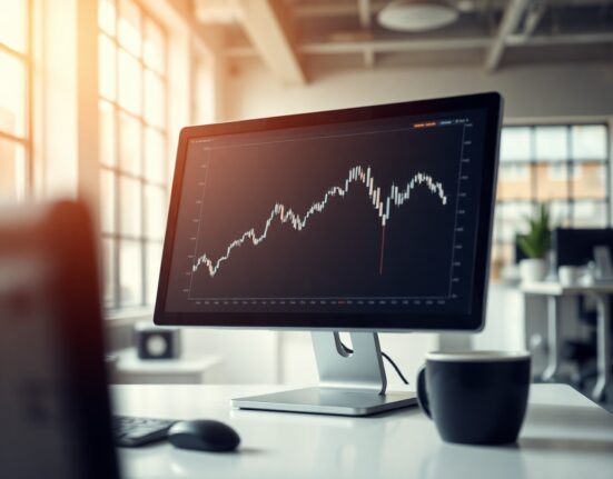 Financial chart on monitor showing downward trend, representing JOLTS job openings forecast