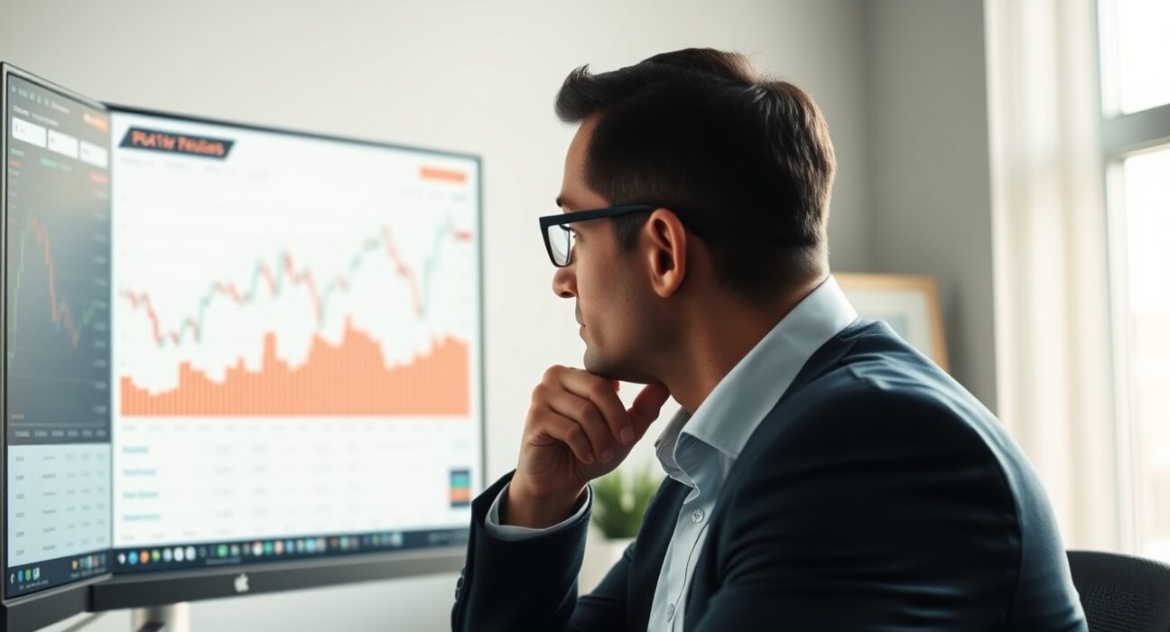 Analyst reviewing PCE inflation data charts on a computer monitor in a modern office.