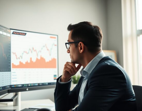 Analyst reviewing PCE inflation data charts on a computer monitor in a modern office.