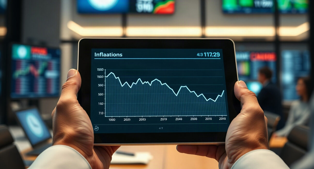 Economist analyzing inflation chart on tablet in financial district office