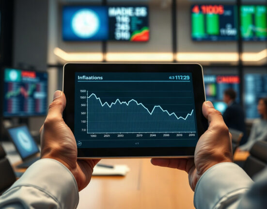 Economist analyzing inflation chart on tablet in financial district office