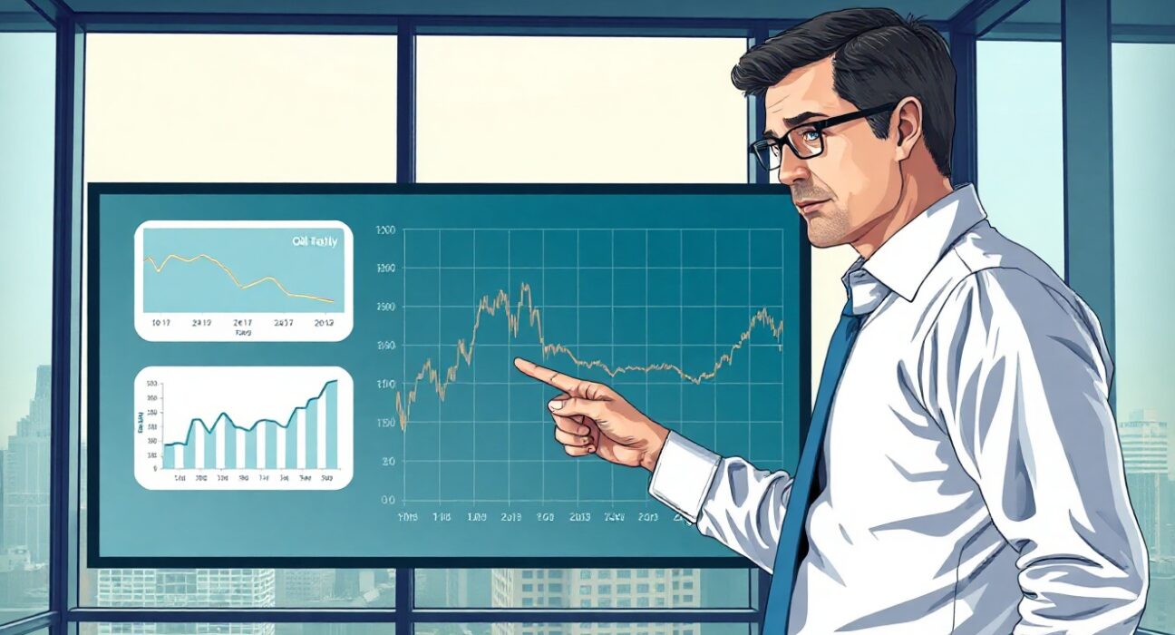 Financial analyst pointing at screen showing oil price chart and consumer confidence data