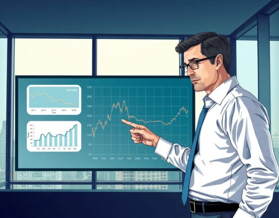 Financial analyst pointing at screen showing oil price chart and consumer confidence data