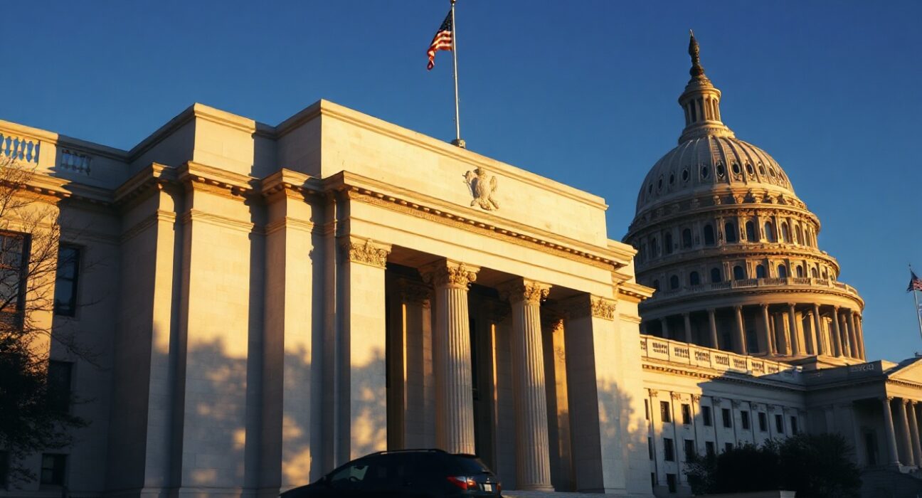 Federal Reserve building in Washington, DC, with US Capitol in background, symbolizing inflation data and monetary policy.
