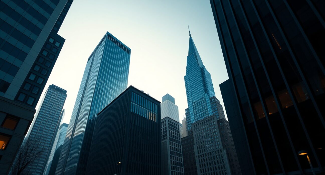 US financial district skyline at sunrise, representing economic data analysis and Federal Reserve policy outlook.