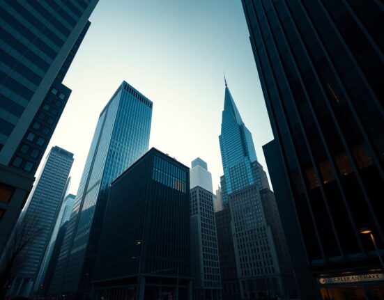 US financial district skyline at sunrise, representing economic data analysis and Federal Reserve policy outlook.
