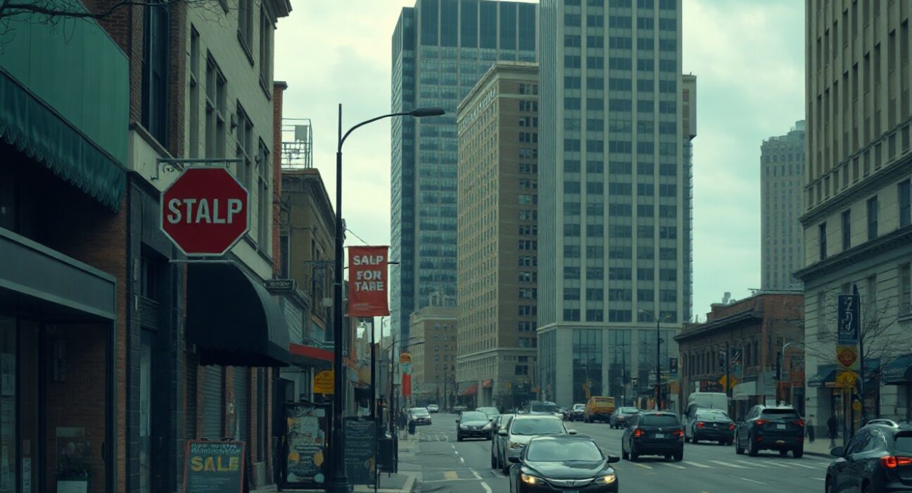 US city street with retail stores and office buildings under overcast sky