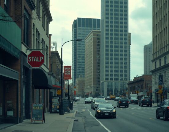 US city street with retail stores and office buildings under overcast sky