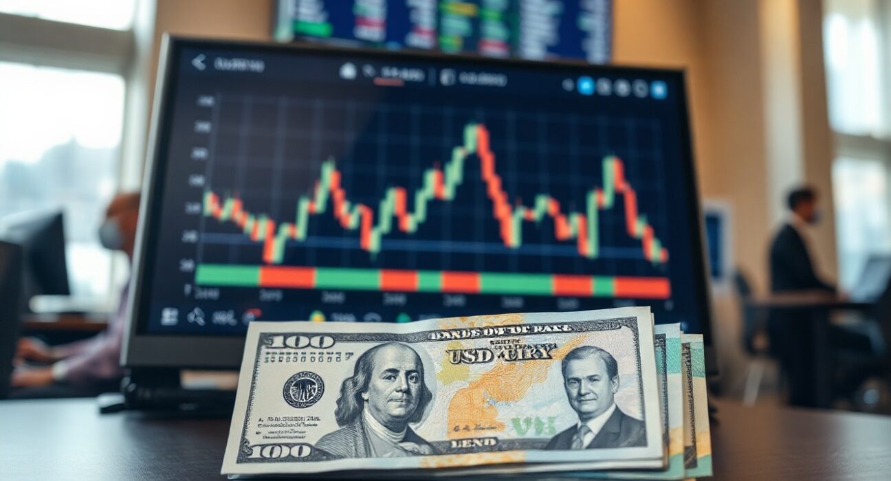USD/JPY chart and yen banknotes on a trading desk, representing limited yen gains forecast.