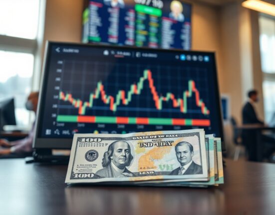 USD/JPY chart and yen banknotes on a trading desk, representing limited yen gains forecast.