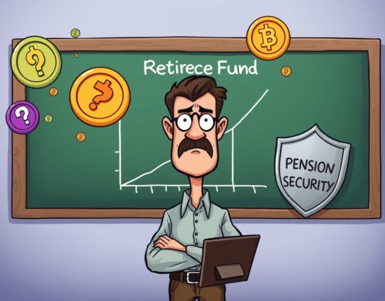 A concerned teacher protects retirement funds from risky crypto investments in a vibrant cartoon scene.