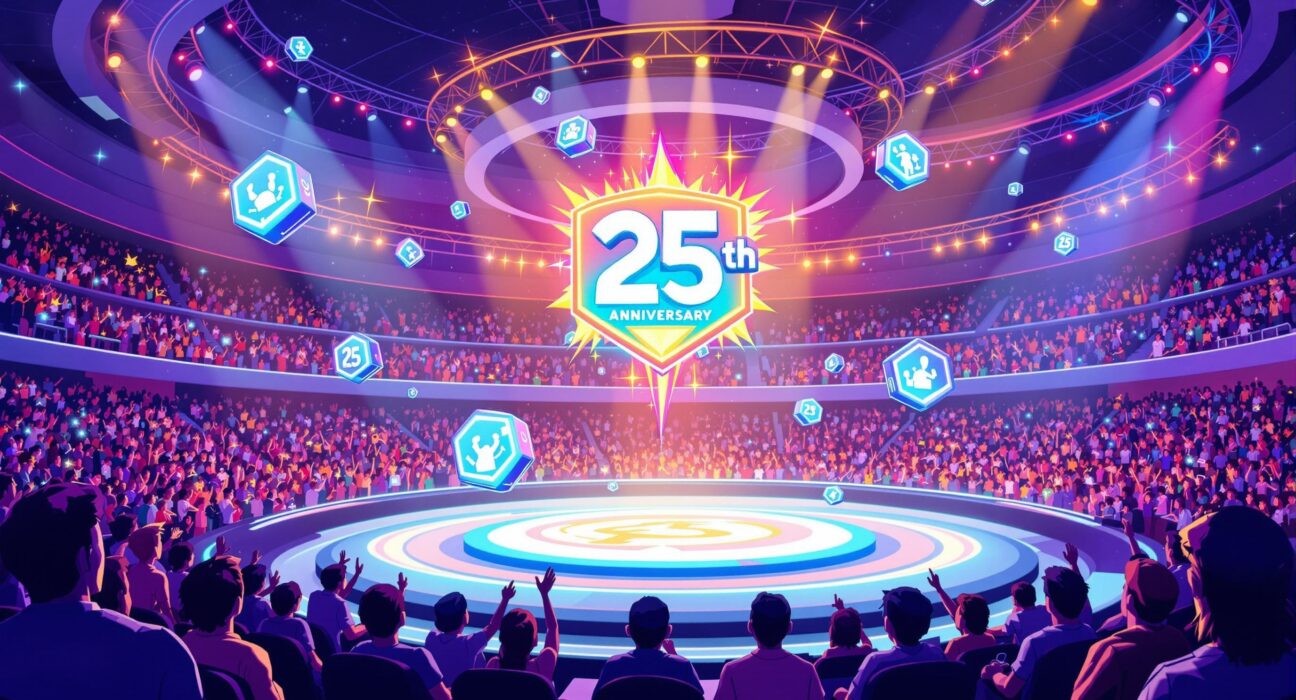 A vibrant cartoon illustration showing a digital collectible being celebrated by esports fans, highlighting the excitement around the new Sui blockchain collectible.