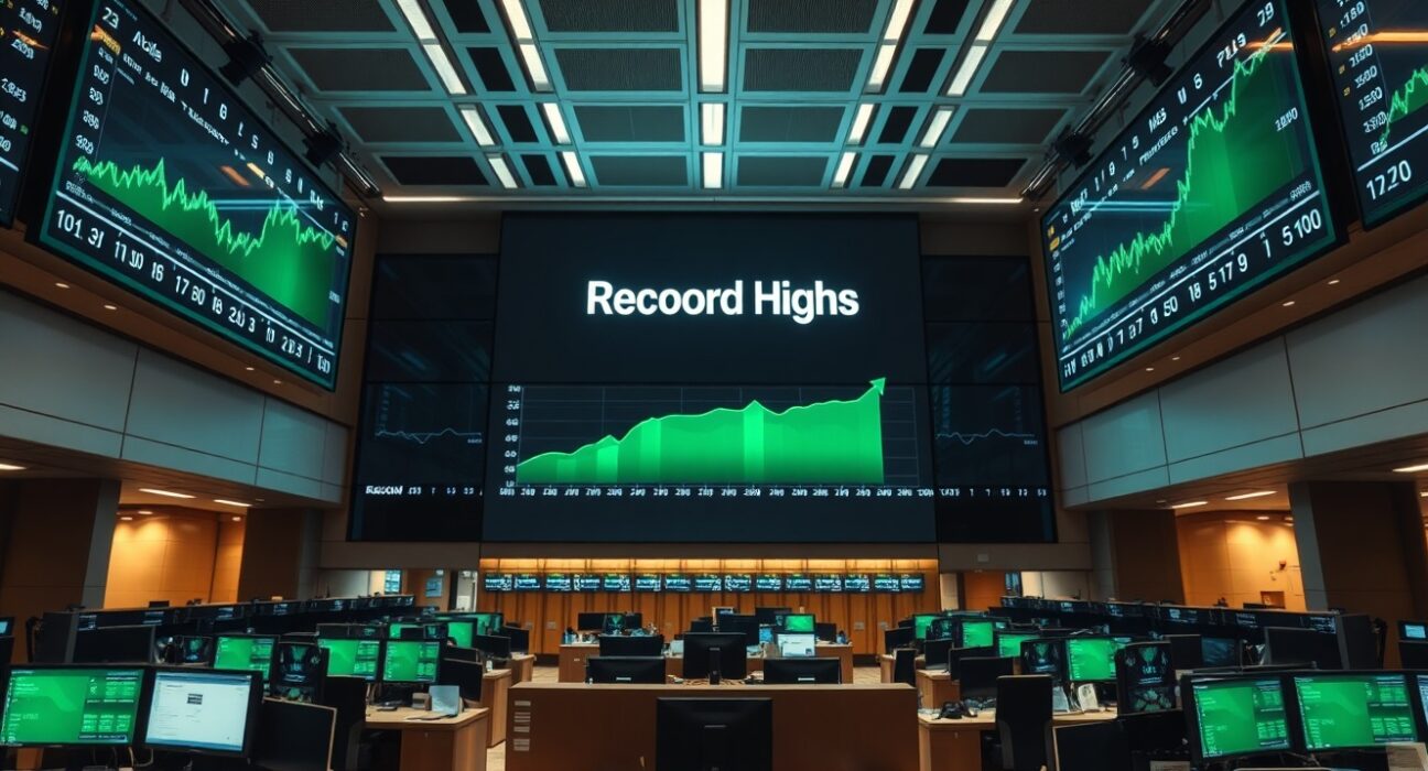 Stock exchange trading floor with digital displays showing green upward-trending charts indicating record highs.
