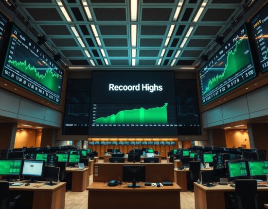 Stock exchange trading floor with digital displays showing green upward-trending charts indicating record highs.