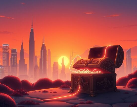 Illustration of tech billionaire stock sales during the 2025 AI market rally, showing data flowing from city to vault.