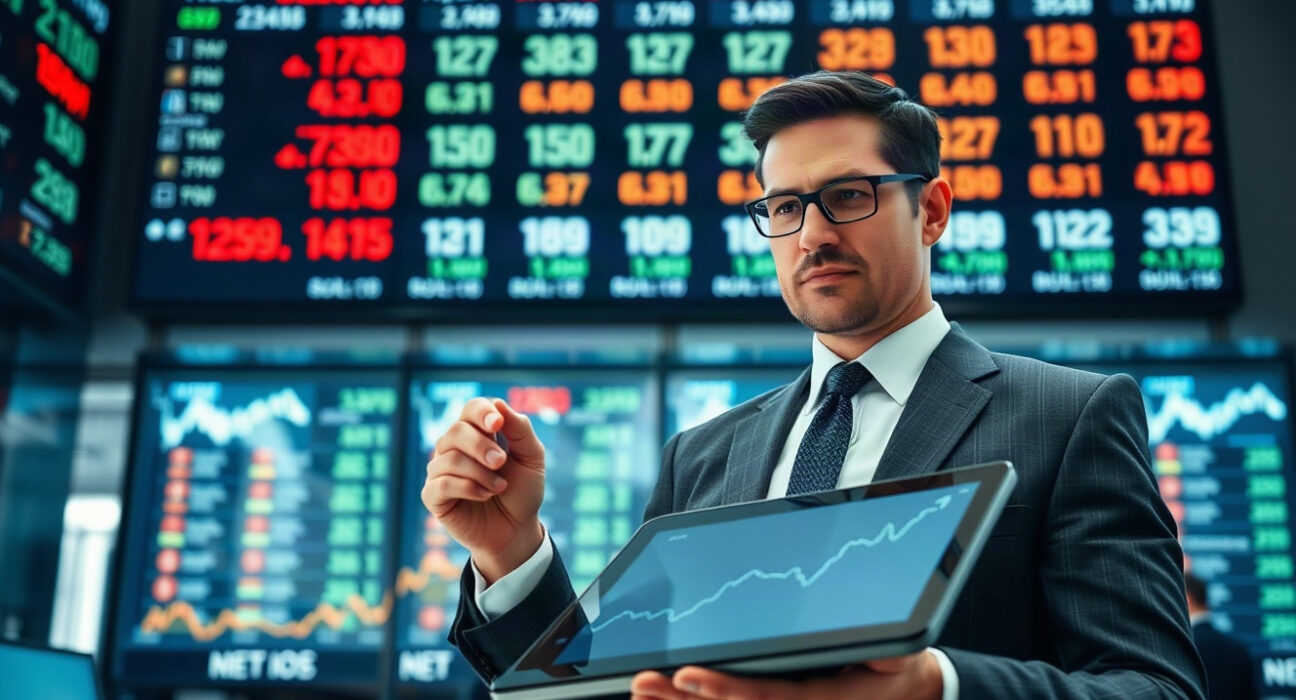 Analyst reviewing stock charts on tablet in trading room