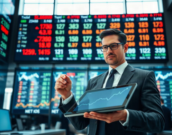 Analyst reviewing stock charts on tablet in trading room