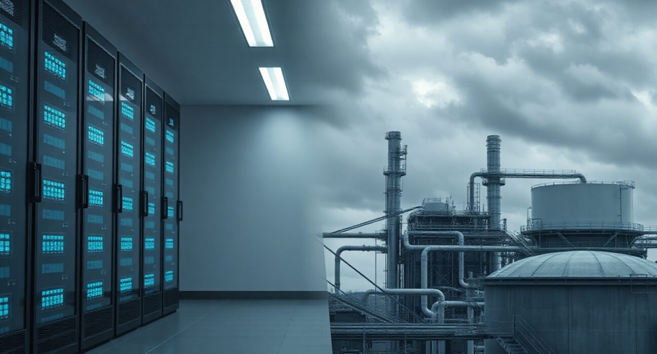 Split image showing a modern server room and an oil refinery, representing tech earnings and oil volatility.