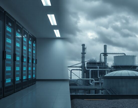 Split image showing a modern server room and an oil refinery, representing tech earnings and oil volatility.