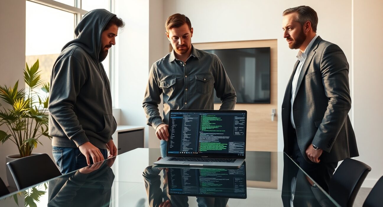 Tech professionals in a modern Silicon Valley office collaborating over AI code on a laptop