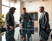 Tech professionals in a modern Silicon Valley office collaborating over AI code on a laptop