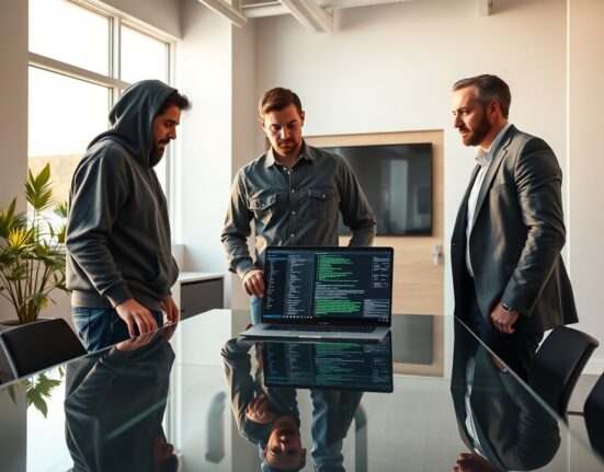 Tech professionals in a modern Silicon Valley office collaborating over AI code on a laptop