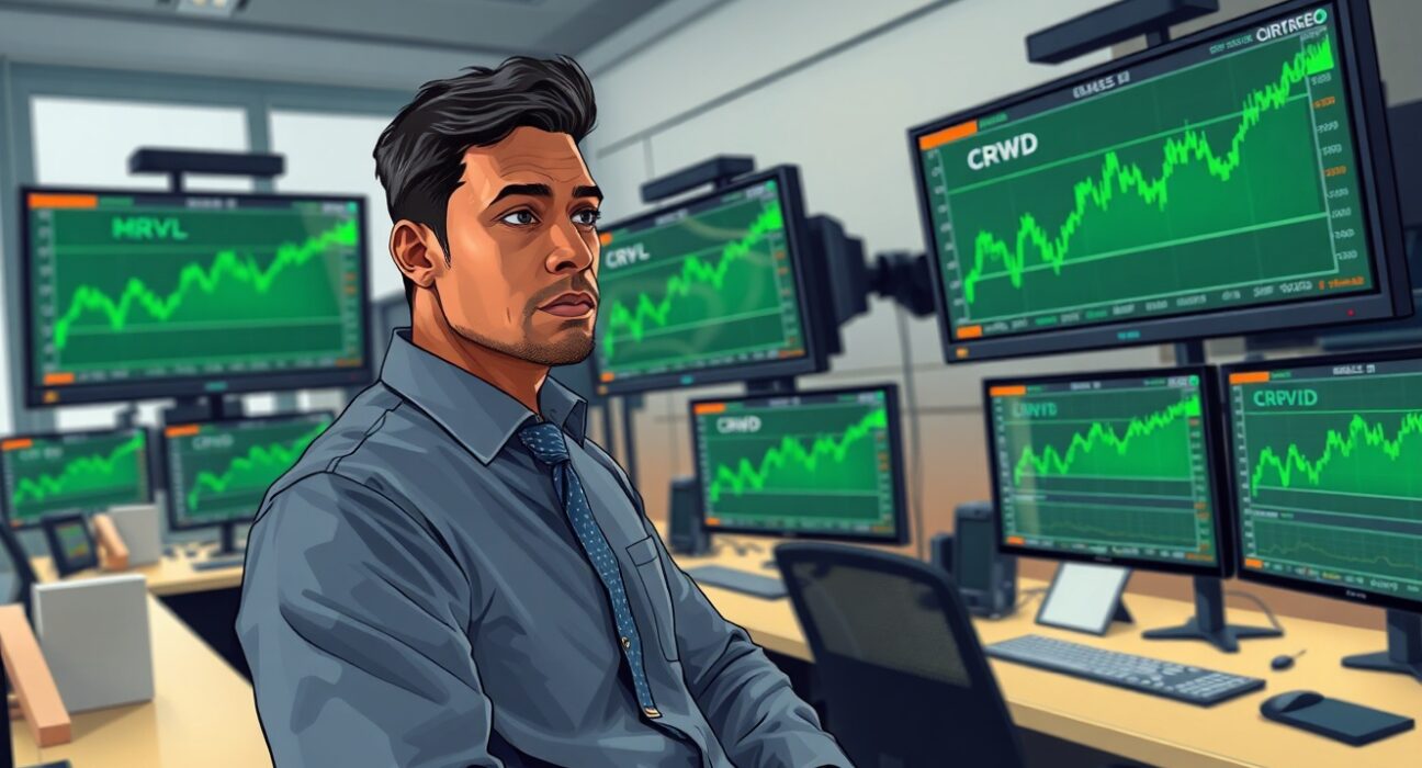 Trader analyzing tech growth stock futures rally on digital trading platform with MRVL, JD, and CRWD