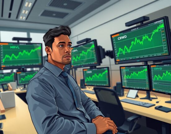 Trader analyzing tech growth stock futures rally on digital trading platform with MRVL, JD, and CRWD charts.