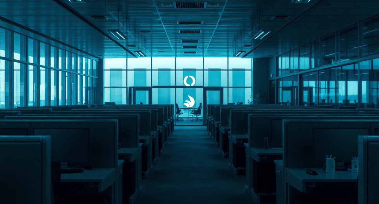 Empty office cubicles in a tech company after mass layoffs, dim lighting, somber mood