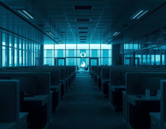 Empty office cubicles in a tech company after mass layoffs, dim lighting, somber mood