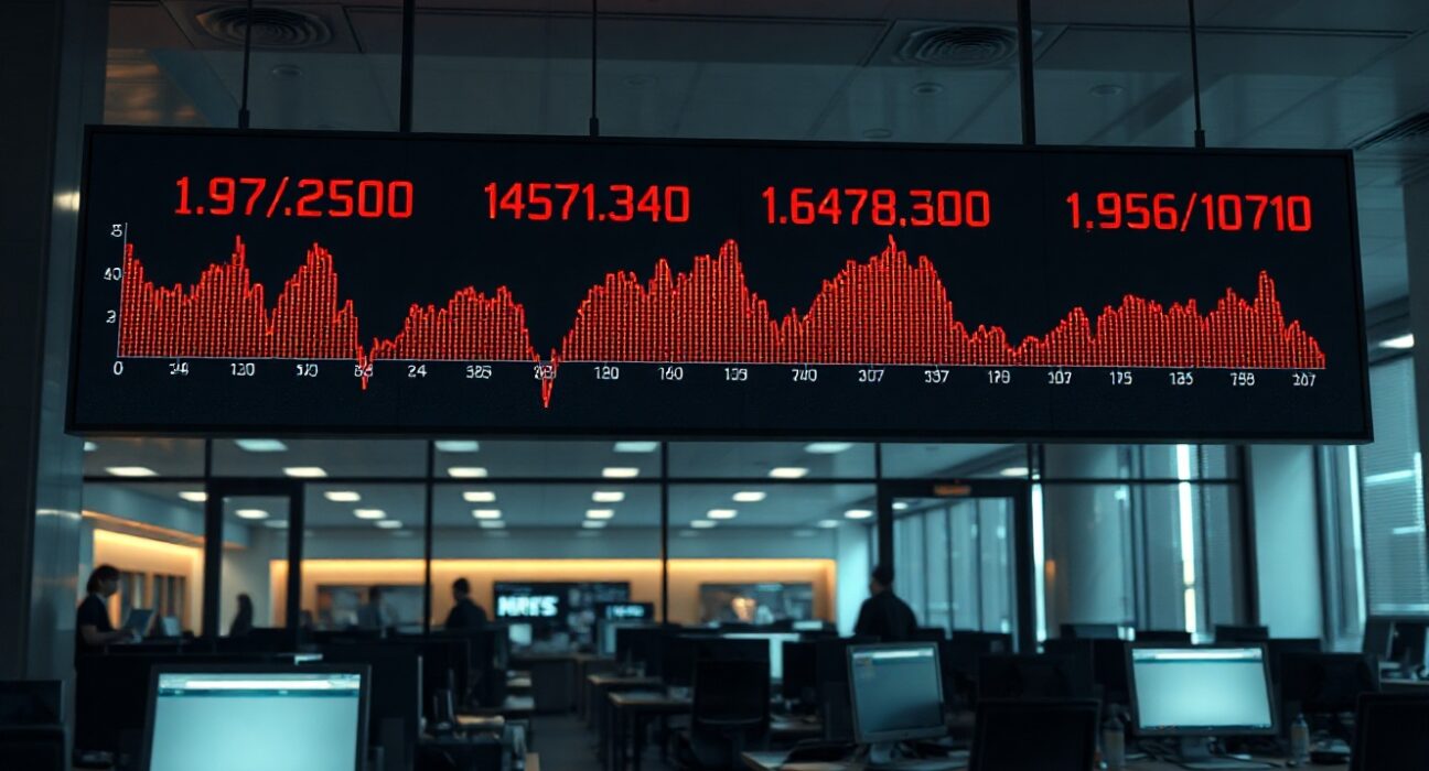 Digital stock market board showing red declining numbers in a modern financial office