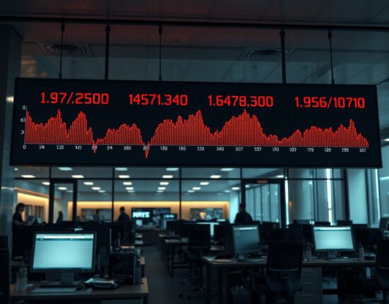 Digital stock market board showing red declining numbers in a modern financial office