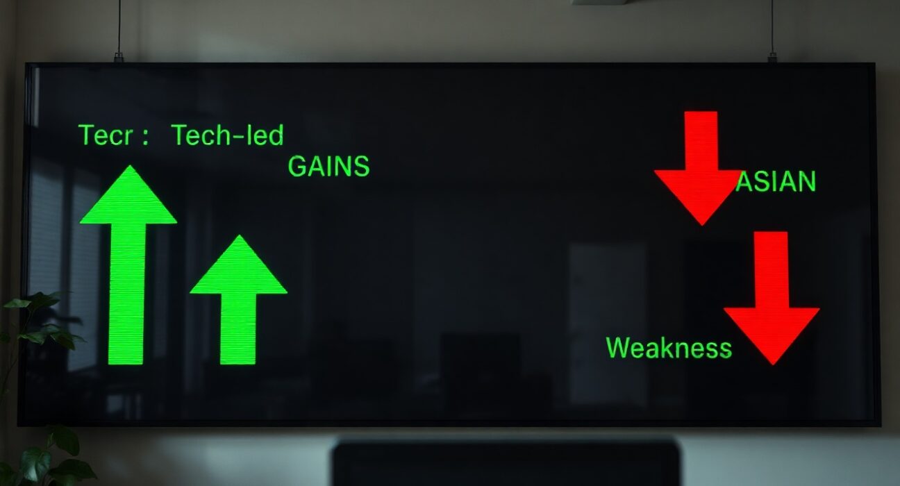 Stock market display showing green tech gains and red Asia losses in a modern office