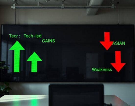 Stock market display showing green tech gains and red Asia losses in a modern office