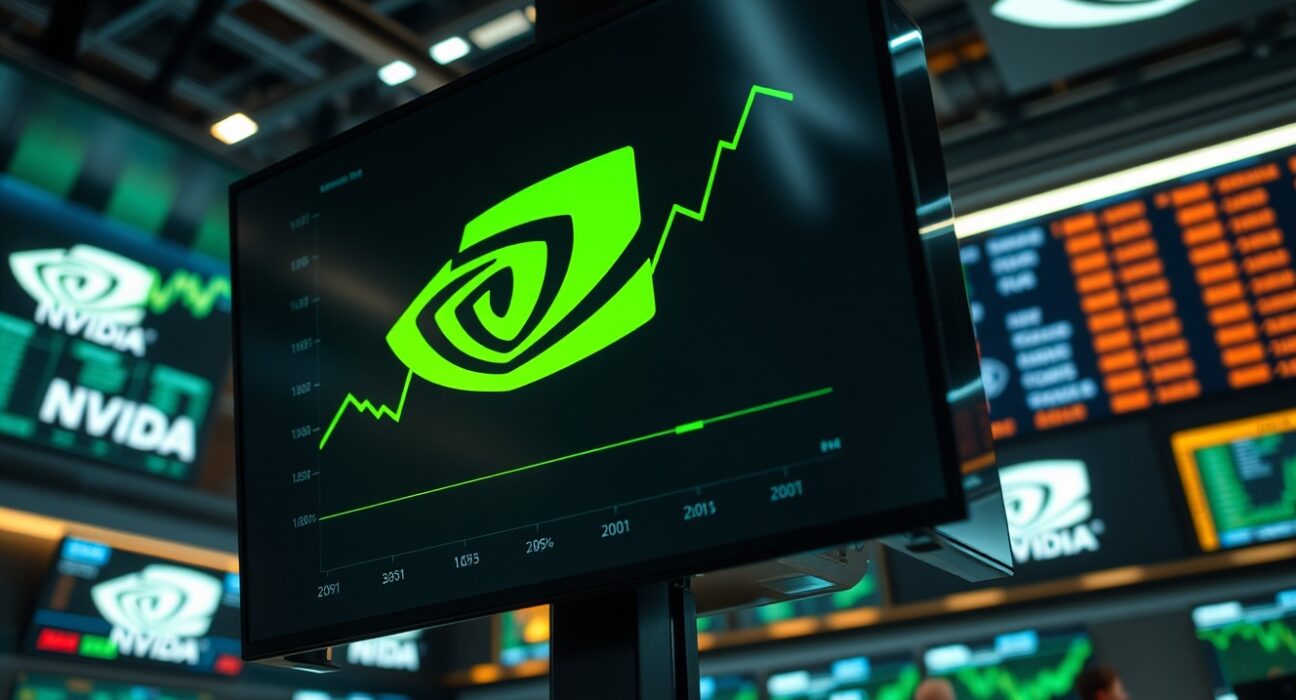 Digital display showing Nvidia logo and rising stock market charts in a modern trading environment