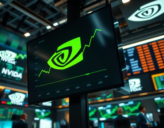 Digital display showing Nvidia logo and rising stock market charts in a modern trading environment