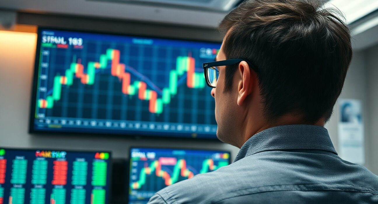 Financial analyst watching a declining stock chart on a screen, reflecting market caution.