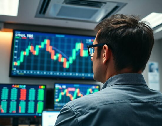 Financial analyst watching a declining stock chart on a screen, reflecting market caution.