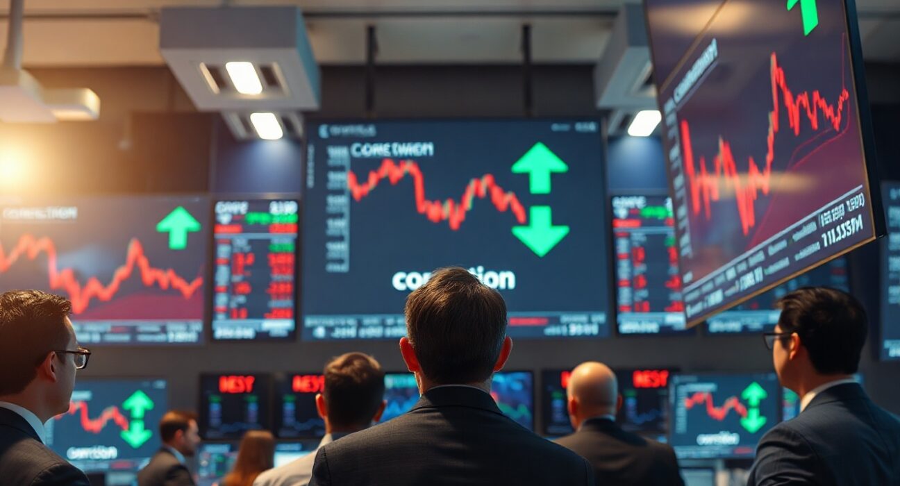 Stock exchange trading floor with red screens showing market correction data