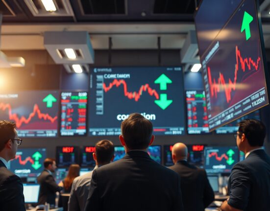 Stock exchange trading floor with red screens showing market correction data