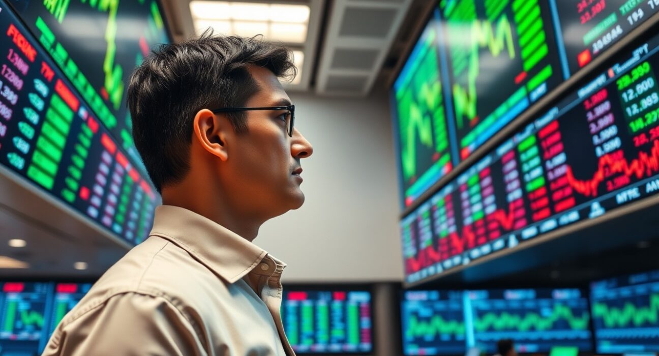 Stock exchange trading floor with financial charts and an analyst observing market data