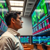 Stock exchange trading floor with financial charts and an analyst observing market data