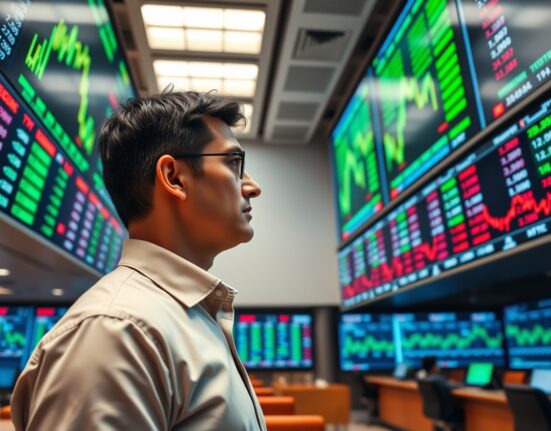 Stock exchange trading floor with financial charts and an analyst observing market data