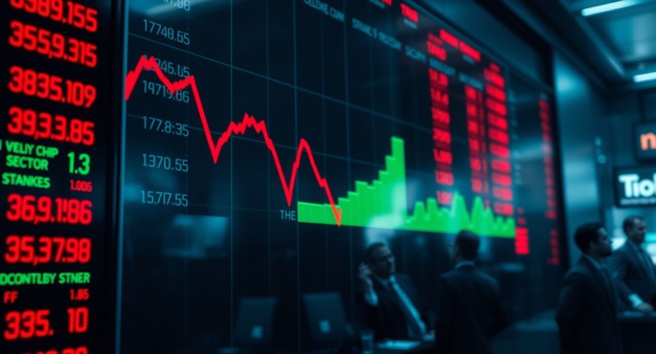 Stock exchange board showing declining tech sector indicators with stable chip stock segment.