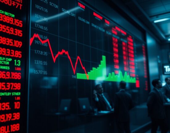 Stock exchange board showing declining tech sector indicators with stable chip stock segment.