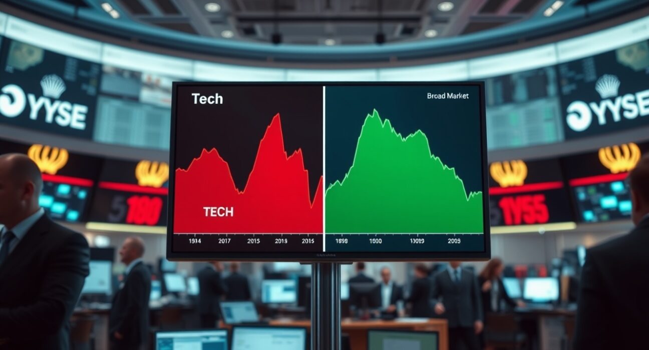Stock exchange screen showing contrasting tech and broad market trends.